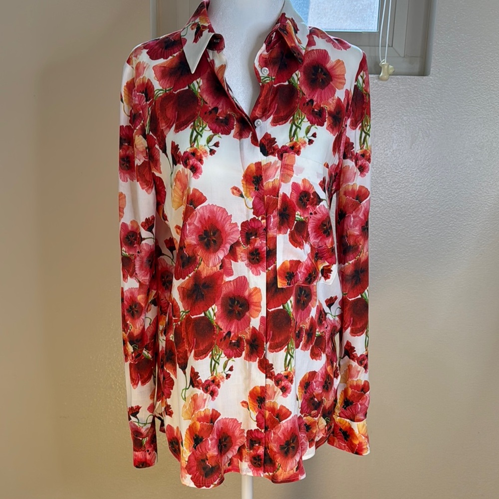 Haute Hippie Red Orange Floral Button Down Shirt Blouse